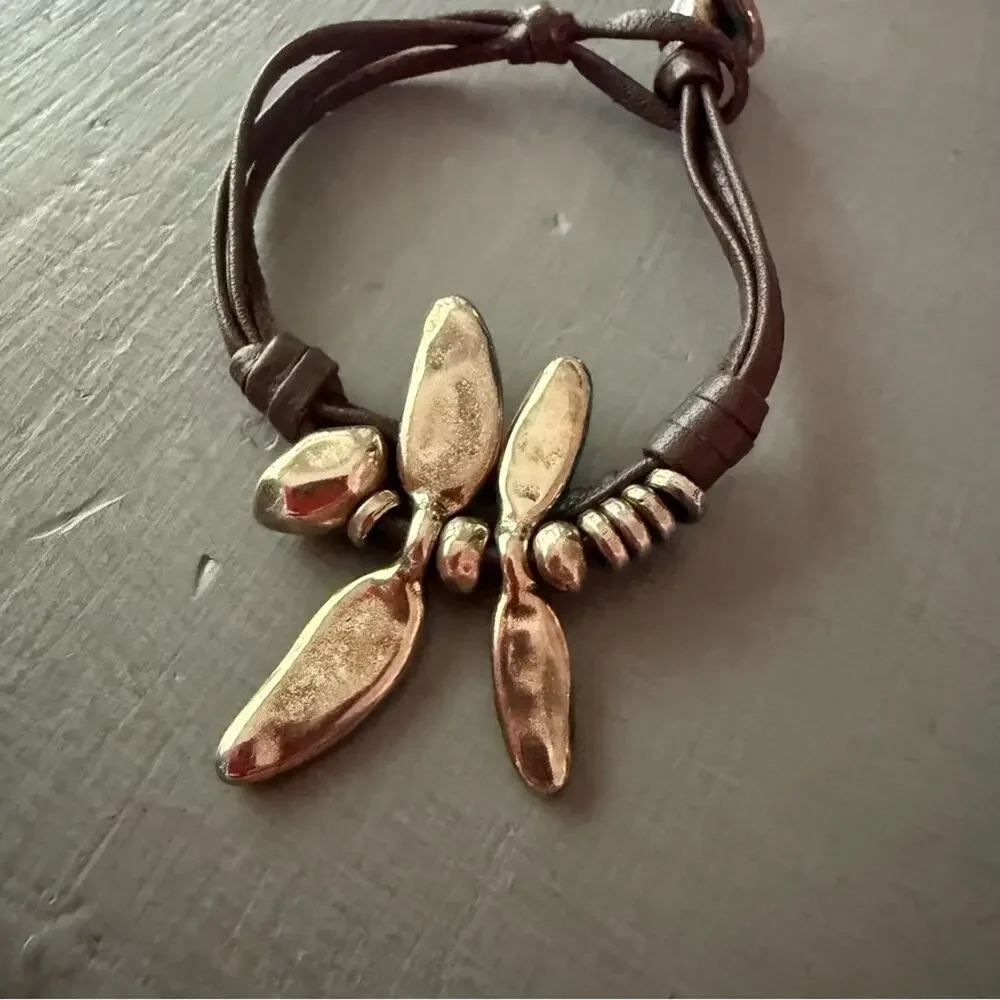 Uno de 50 Brown Leather Silver Dragonfly Bracelet